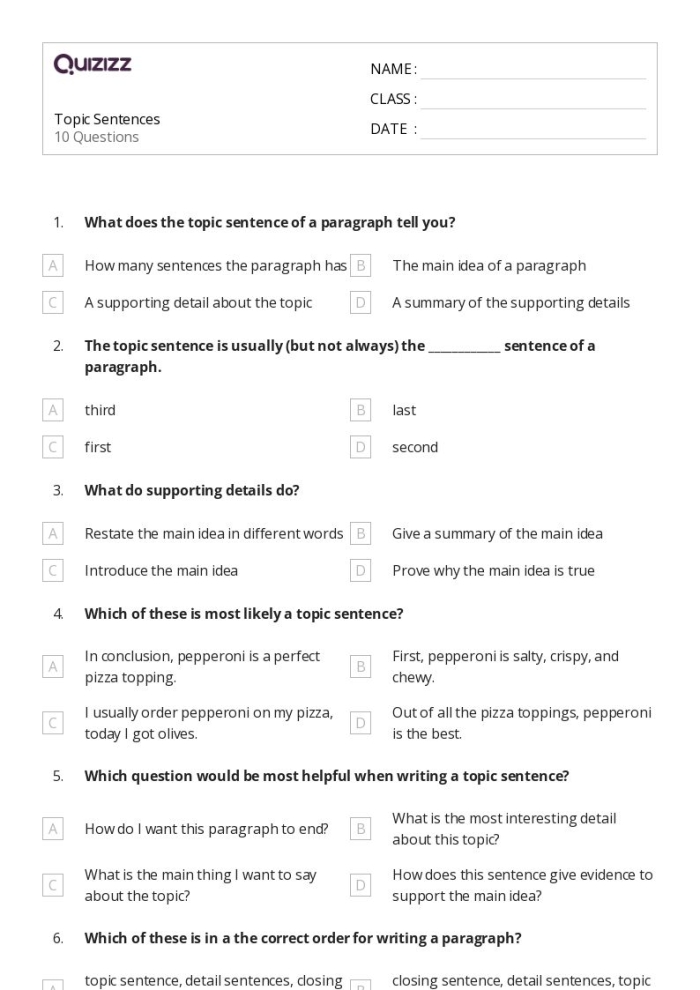 Third grade student completing a worksheet on writing clear topic sentences for paragraph structure