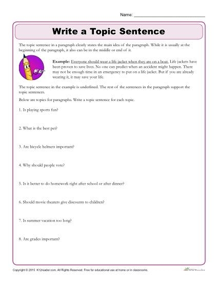 A third grade student worksheet showing practice exercises for writing topic sentences and understanding paragraph structure