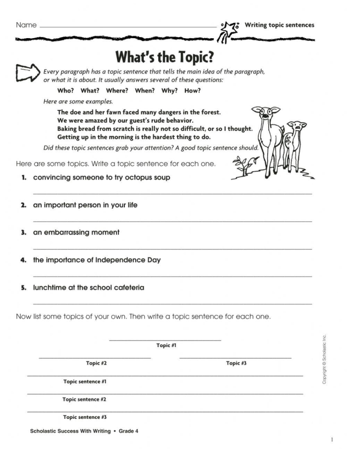 Third grade students writing topic sentences on a paragraph structure practice worksheet