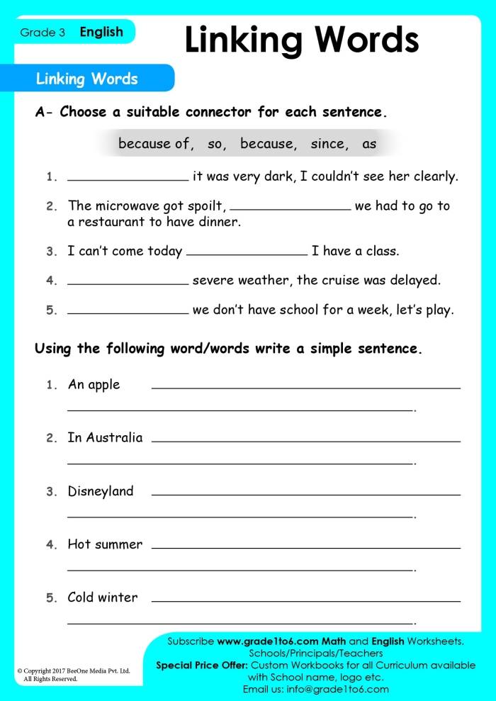 Linking Ideas with Transition Words Worksheet Number 14 Third grade worksheet for practicing how to link ideas using transition words