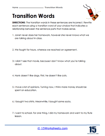 Linking Ideas with Transition Words Worksheet 25 Third grade students practicing how to connect sentences using transition words in this writing worksheet