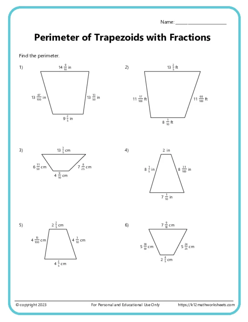 Students working on a Trapezoid Perimeters worksheet, calculating the side lengths of different shapes. Educational activity for third graders focused on geometry and perimeter calculations.