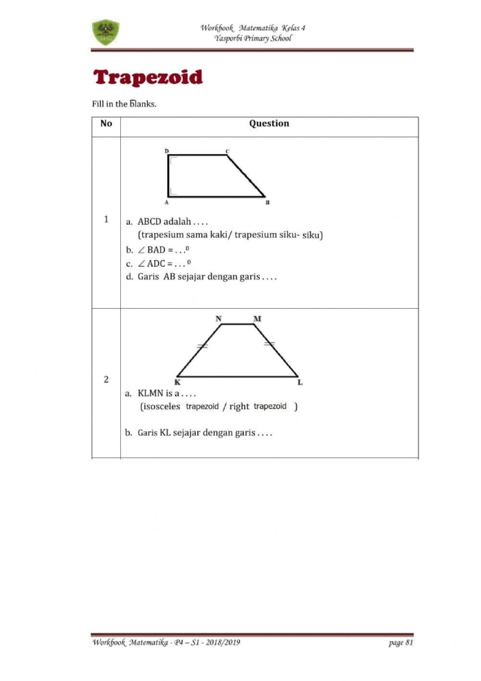 Third grade worksheet featuring trapezoids for calculating perimeters through side lengths