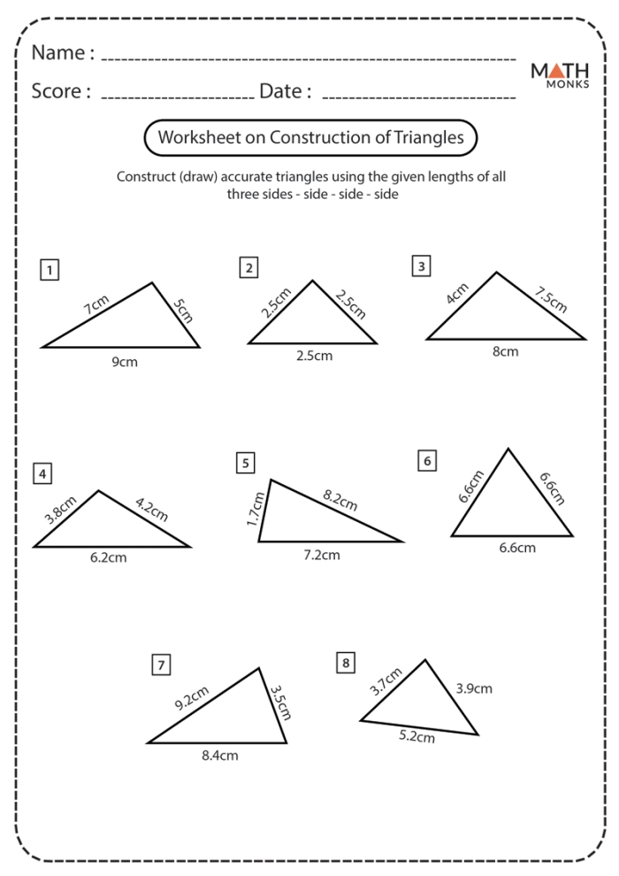 Educational worksheet on identifying different triangle types for third graders Worksheet showing the three types of triangles: equilateral, isosceles, and scalene