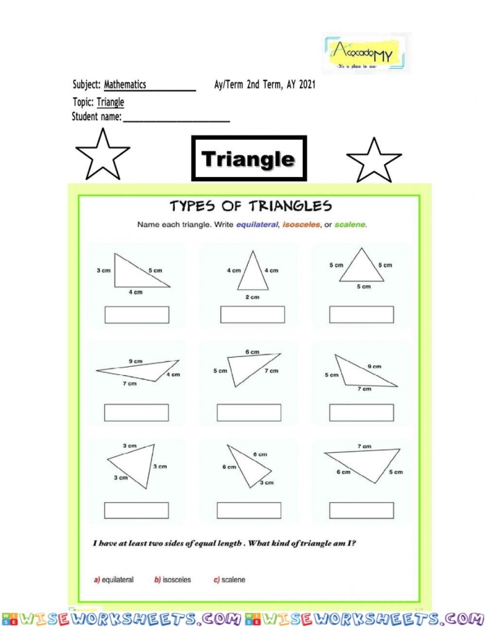 Three Types of Triangles Worksheet 18 for Third Grade Students Third grade geometry worksheet identifying equilateral, isosceles, and scalene triangles