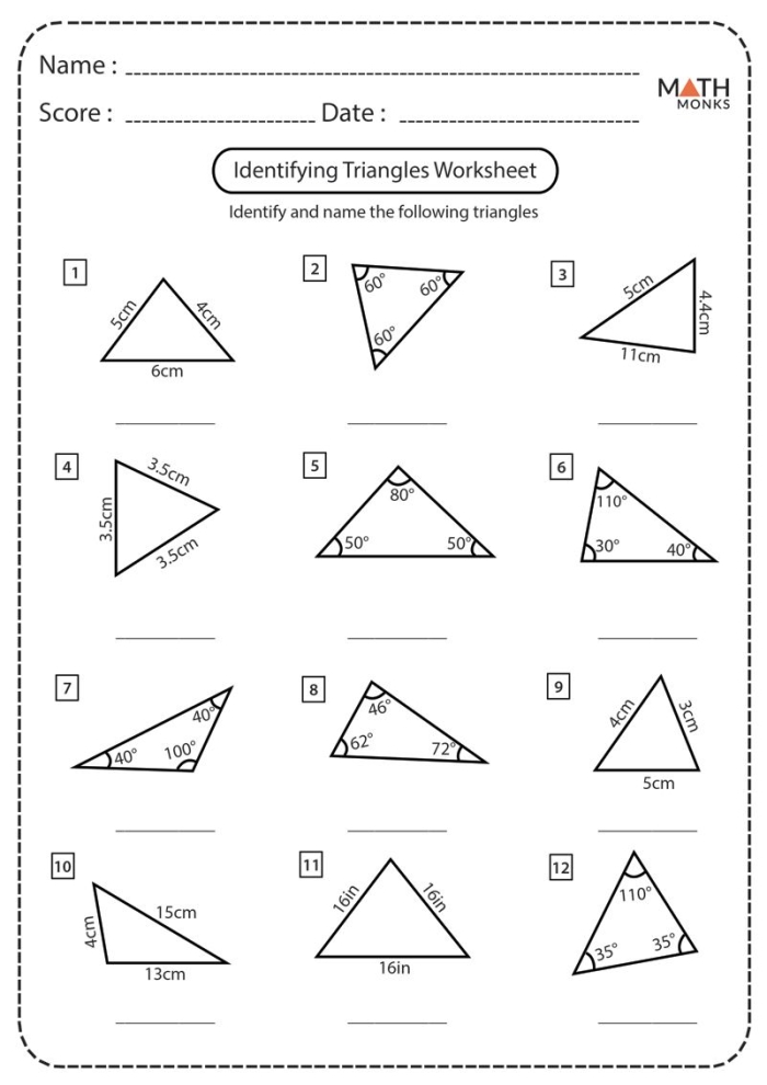 Educational resource for third graders on identifying different triangle types Equipped worksheet illustrating the three types of triangles: equilateral, isosceles, and scalene