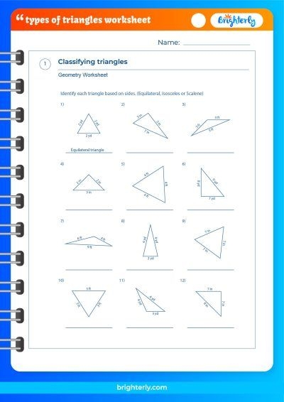 Three Types of Triangles worksheet for third grade students 14 Third grade math worksheet covering equilateral isosceles and scalene triangle definitions