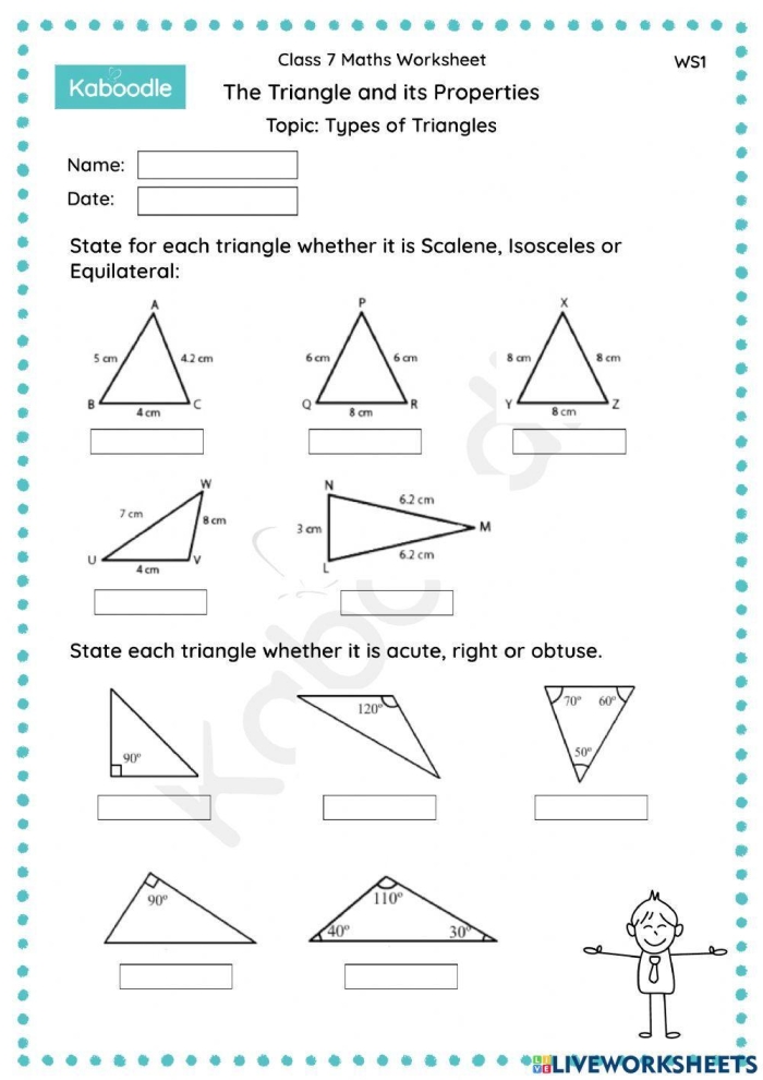 Three Types of Triangles Worksheet 22 Third grade math worksheet covering equilateral, isosceles, and scalene triangles
