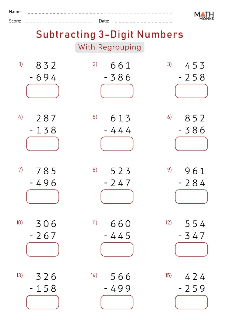 Third grade math worksheet featuring fifteen three-digit subtraction problems with regrouping