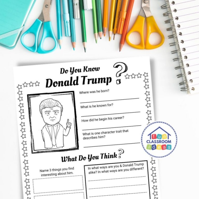 Third grade multiplication worksheet featuring a Donald Trump presidential fact sheet