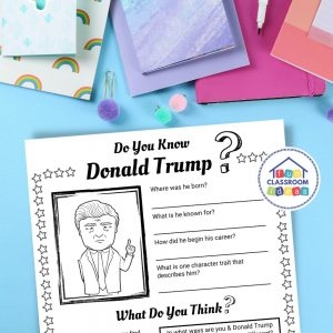 Third grade students learning about Donald Trump's presidency through a fact sheet worksheet with multiplication practice problems