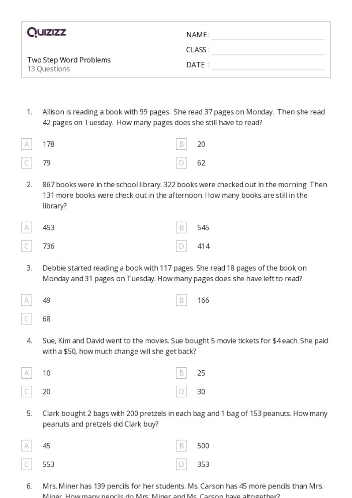 Worksheet image illustrating two-step multiplication word problems for young learners Students working on a two-step multiplication word problems worksheet for third grade