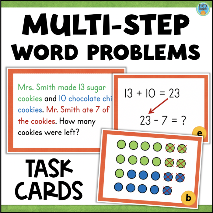 Worksheet featuring two-step addition and subtraction word problems for third graders