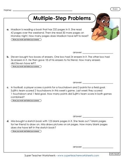 Worksheet for two-step addition and subtraction word problems for third graders