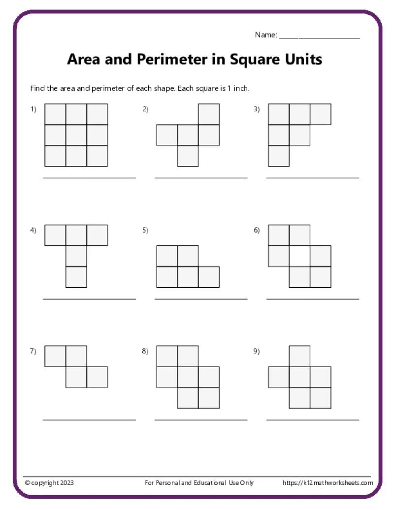 Worksheet demonstrating how to calculate area by counting unit squares for third graders