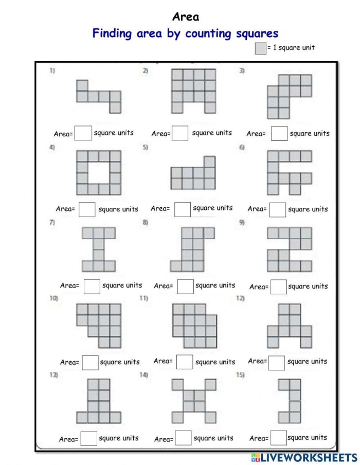 Worksheet for counting unit squares to find area in geometry