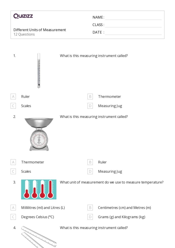 Worksheet featuring a Units of Measurement Practice Test for third graders