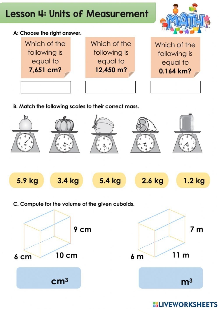 Worksheet for third graders to practice units of measurement skills