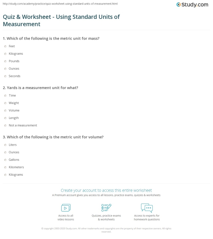 Worksheet featuring a Units of Measurement Practice Test for third graders