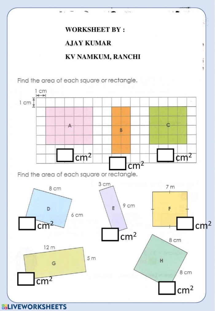 Units of Area Worksheet for Third Grade Geometry Activities Students calculating area using unit squares on a worksheet for third graders