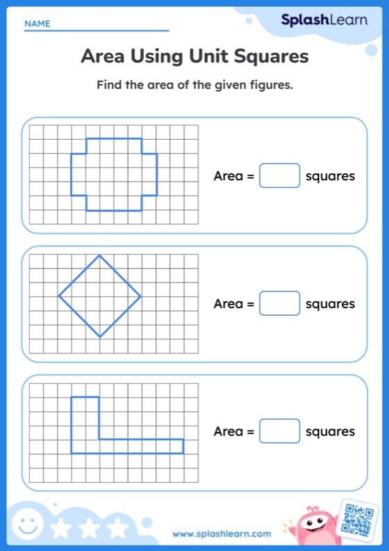 Units of Area worksheet for enhancing geometry skills in third graders Worksheet for calculating area using unit squares in a third-grade geometry lesson