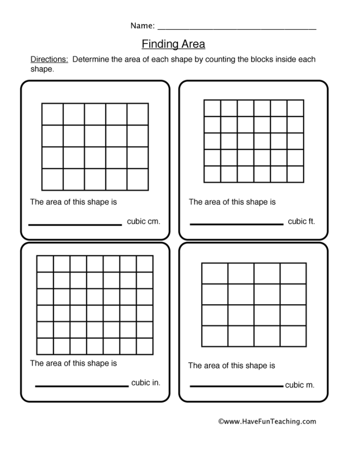 Units of Area Worksheet for Third Grade Geometry Skills Worksheet featuring unit squares for calculating area in geometry