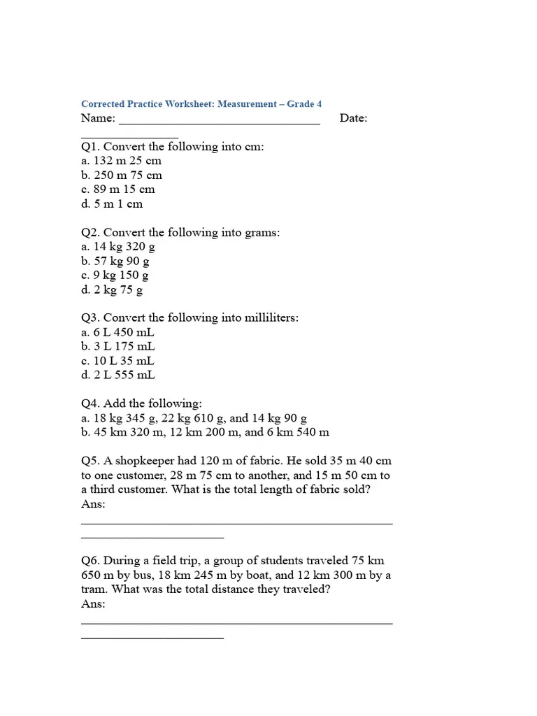 Worksheet featuring a Units of Measurement practice test for third graders