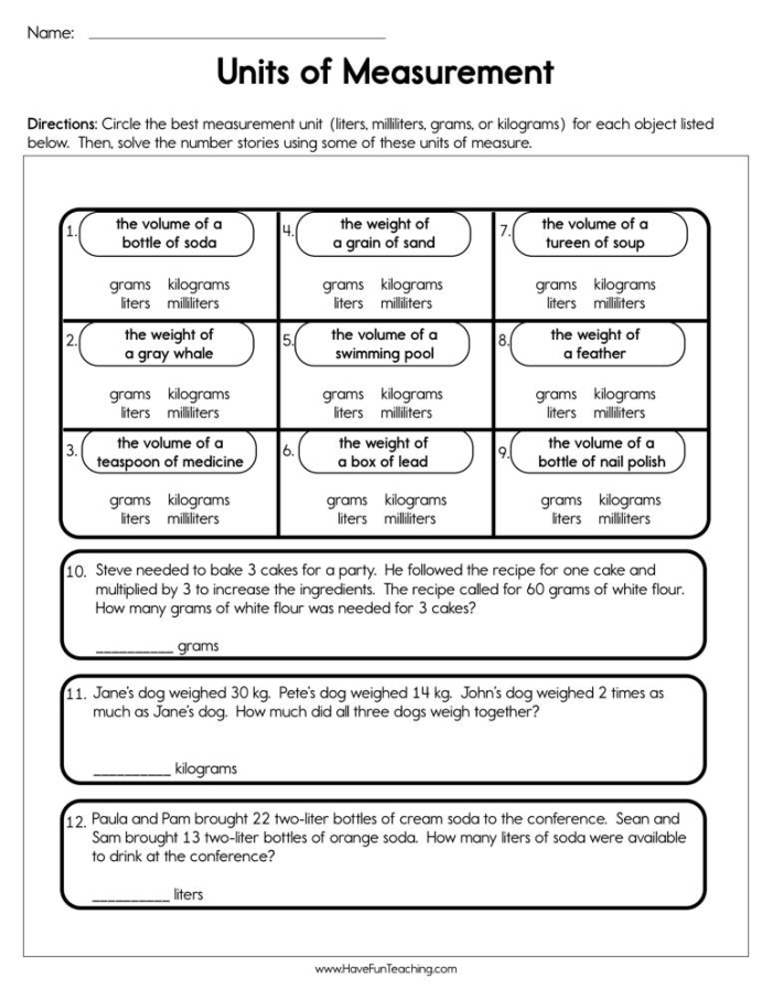 Worksheet featuring a units of measurement practice test for third graders