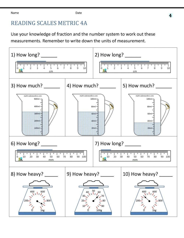 Worksheet featuring a units of measurement practice test for third graders