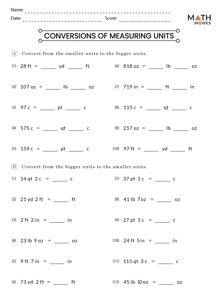 Worksheet featuring units of measurement practice test for third graders
