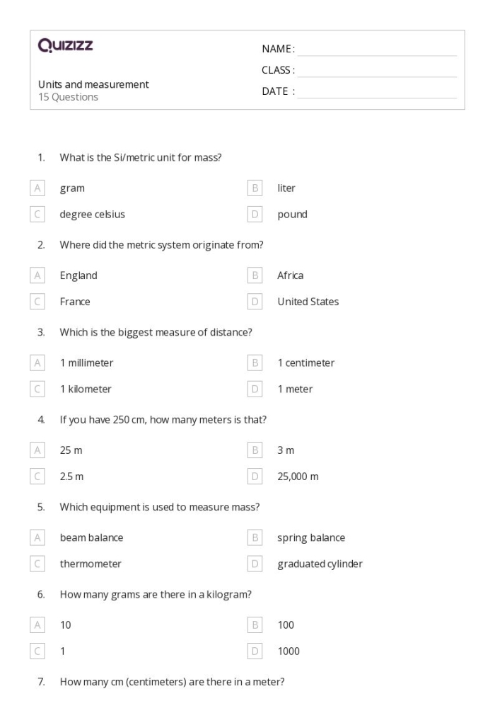 Worksheet featuring a Units of Measurement Practice Test for third graders