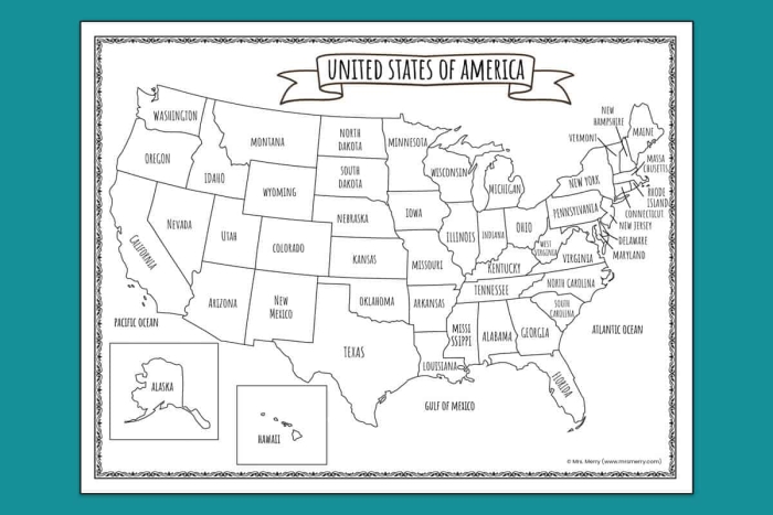Blank map of the United States for third grade geography practice
