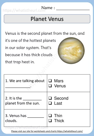 Educational resource for teaching kids about Venus, the second planet from the sun Worksheet featuring Venus for third graders to learn about planets and addition