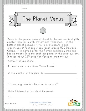 Addition worksheet for Third Grade Worksheet featuring Venus, the second planet from the sun, designed for third-grade addition practice. Educational resource for teaching kids about planets through engaging activities.