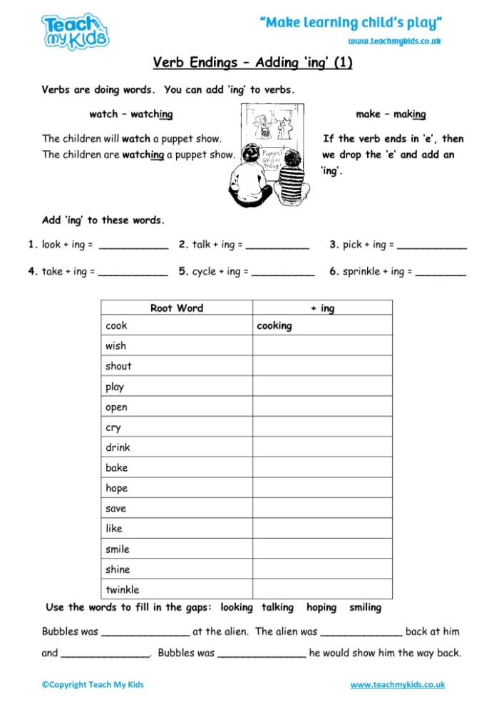 Worksheet featuring practice on -ed and -ing verb endings for third graders