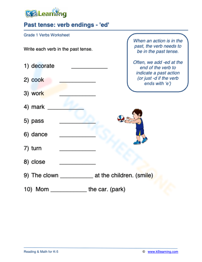 Worksheet featuring activities for adding -ed and -ing to verbs for third graders
