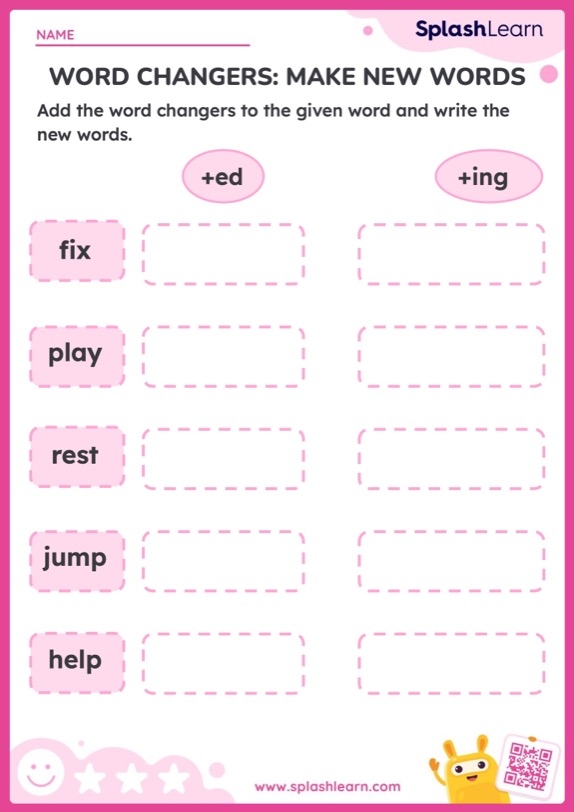 Worksheet for practicing verb endings -ed and -ing with simple verbs for third graders