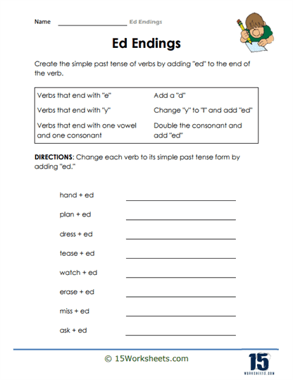 Worksheet for third graders focusing on verb endings -ed and -ing