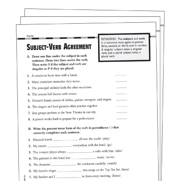 Third grade grammar worksheet focusing on subject-verb agreement exercises