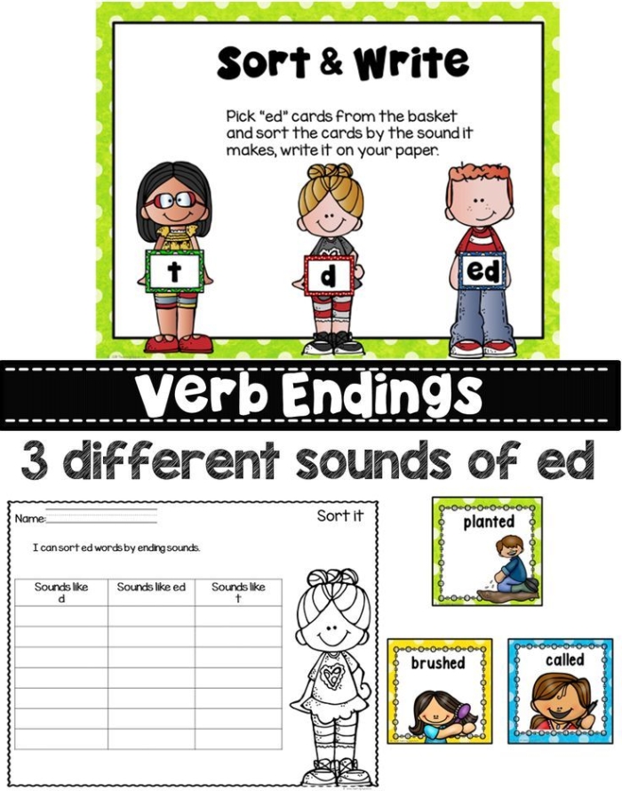 Worksheet for practicing -ed and -ing verb endings in third grade grammar