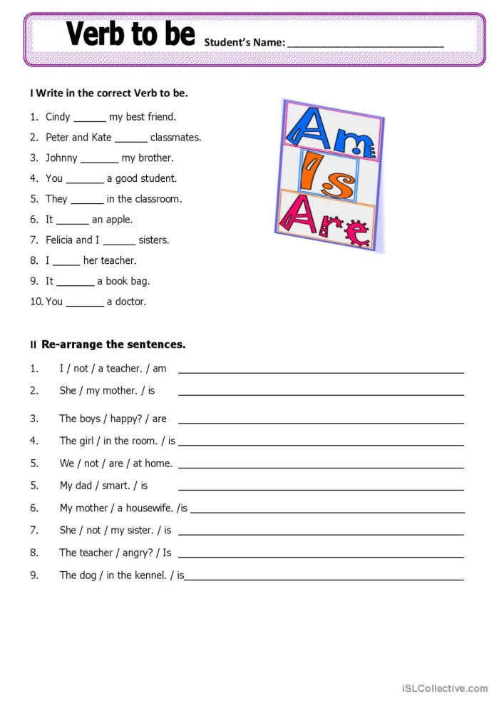 Engaging grammar worksheet on the verb "to be" for third graders Worksheet for practicing the verb "to be" with examples and exercises
