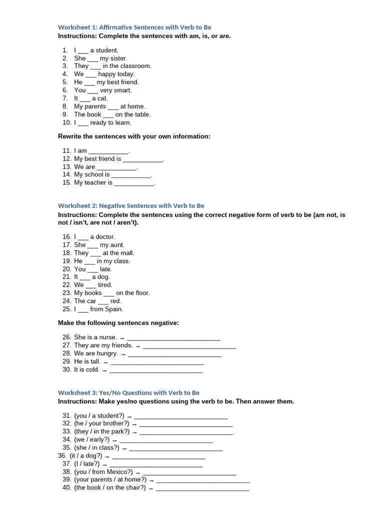 Engaging exercise to help students identify forms of the verb "to be Worksheet focusing on the verb "to be" for third-grade grammar practice