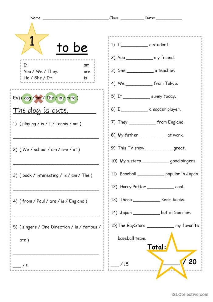 Engaging grammar worksheet for practicing the verb "to be" in sentences Worksheet featuring the verb "to be" for third graders focusing on grammar skills