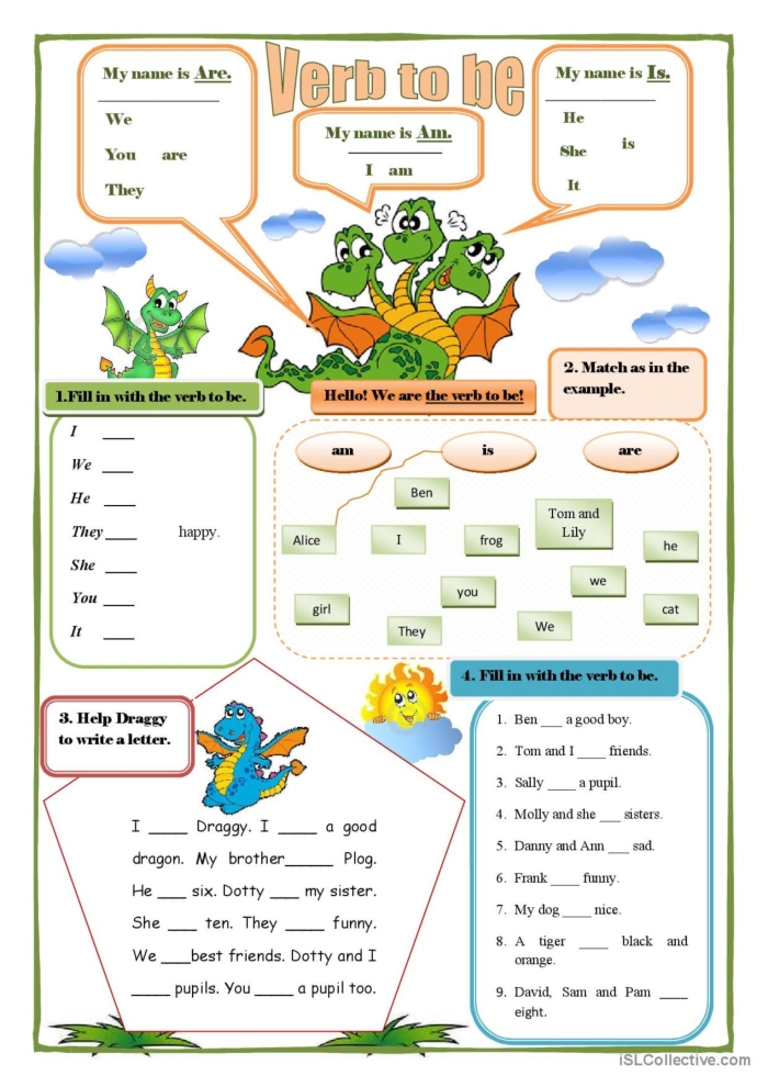 Engaging grammar worksheet on identifying the verb "to be" for young learners Worksheet featuring the verb "to be" for third graders to practice grammar skills