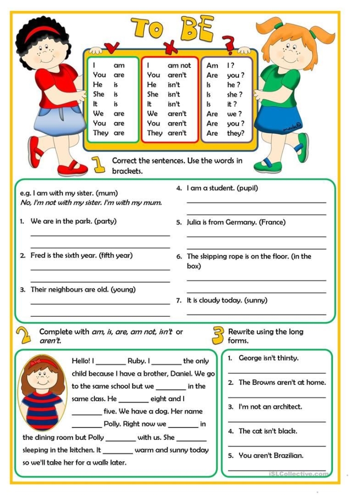 Grammar worksheet on identifying "to be" verbs for students Worksheet featuring the verb "to be" for third-grade grammar practice