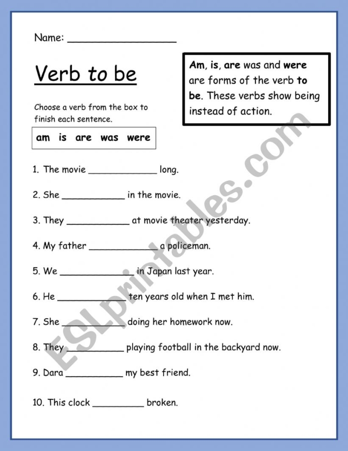 Grammar practice worksheet on the verb "to be" for elementary students Worksheet featuring exercises on the verb "to be" for third graders