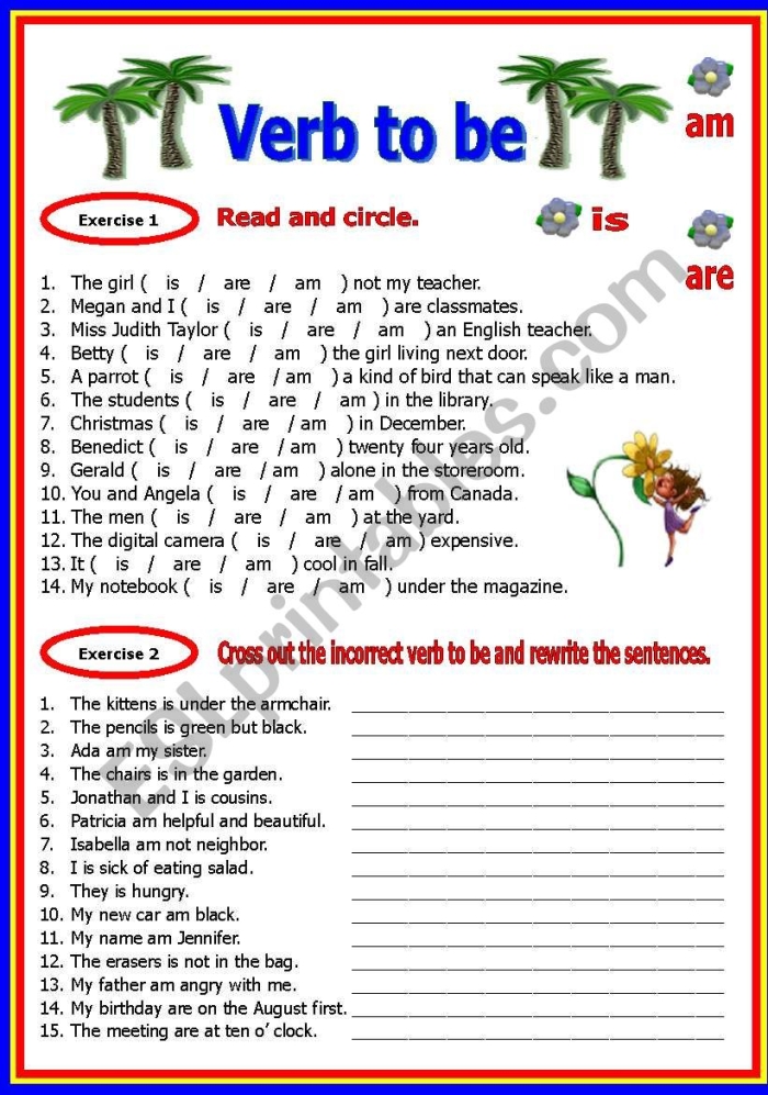Engaging grammar worksheet focusing on state of being verbs Worksheet for practicing the verb "to be" for third-grade students