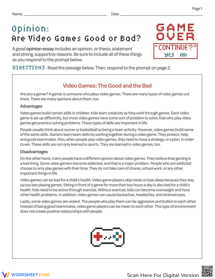 Opinion writing exercise: Are video games beneficial or harmful? Interactive worksheet for third graders on the topic of video games and their impact
