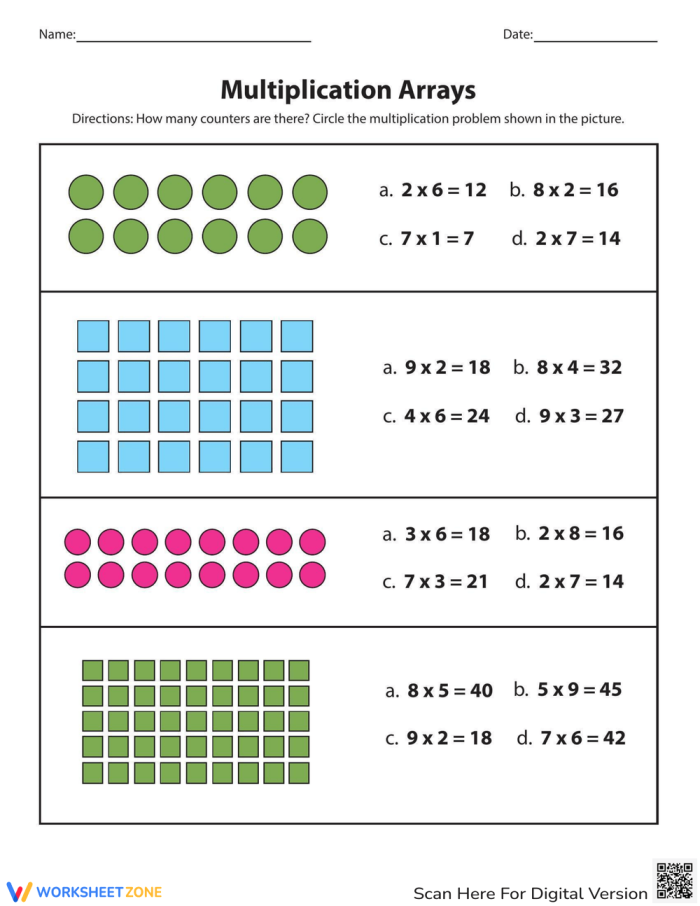 Third grade student worksheet showing multiple choice questions for matching visual arrays to multiplication equations