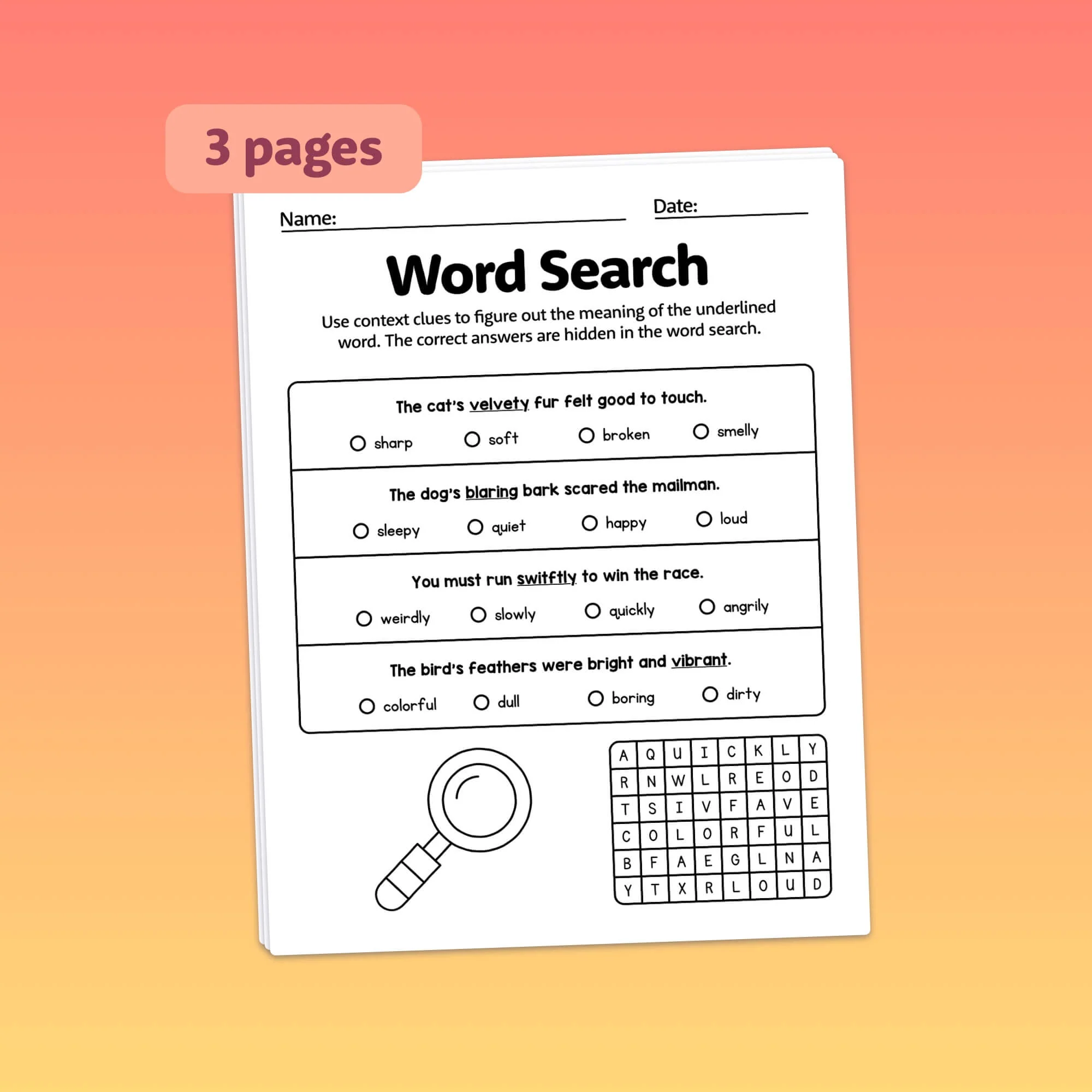Image 6: Context Clues Assessment Activity for Elementary Learners Third grade context clues learning check worksheet with subtraction problems for assessing student understanding of word meanings and homophones